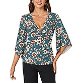 KIFOVEN Women’s 3/4 Bell Sleeve Tee Shirt Deep V Neck Wrap Ruched Slim Fit T Shirt Blouse Top Dark Blue Flower X-Large