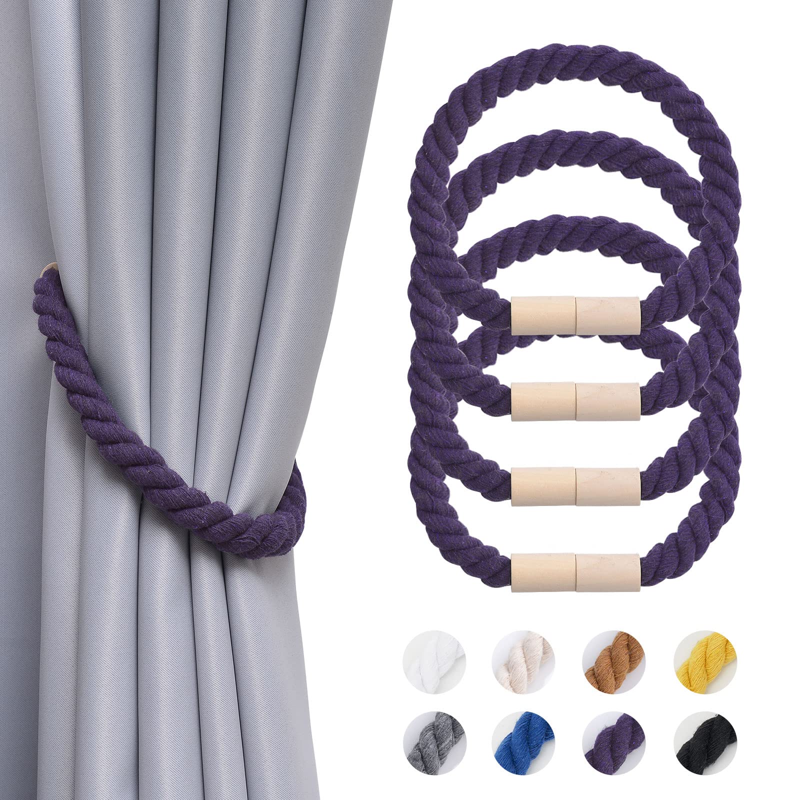 Pretty Jolly 4 Pack Wooden Magnetic Curtain Tiebacks Boho Home Decoration Drape Tie Backs Natural Cotton Handmade Rope Curtain Holdbacks for Thin or Thick Home & Office Window Drapery (Purple)