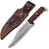 Custom Handmade Damascus Hunting Knife,12"Fixed Blade Bowie Knife with Horizontaland Vertical Carry Sheath,Real Damascus Steel Knives with Rose Wood Handle and Belt loop,EDC Full Tang Knives for men women, Adventure,Survival,Hiking,Camping,Gifts for Men Women