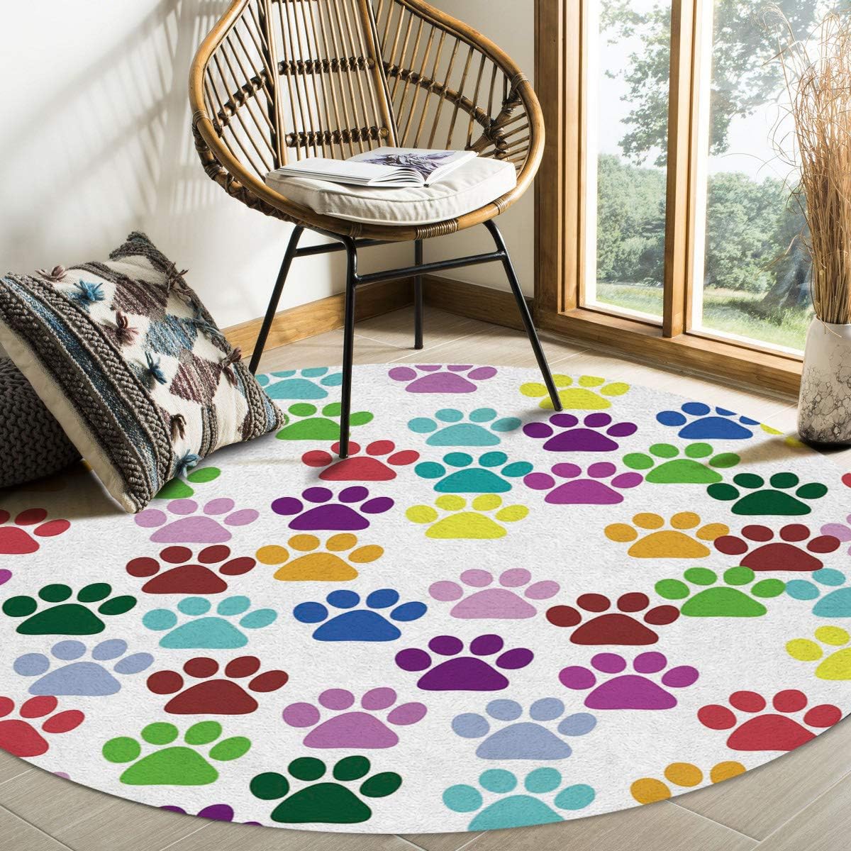 FAMILYDECOR Round Area Rugs Colorful Dog Paw Footprints Non