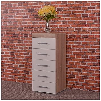 Drp Trading White Sonoma Oak Tall Boy Chest Of 5 Drawers Bedroom Furniture Narrow Slim Draw