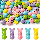 Eartim Easter Bunny Wood Beads Craft - 121Pcs Colorful Rabbit Round Beads with Twine Rustic Farmhouse DIY Natural Wood Craft Kit for Kids Happy Easter Day Party Hanging Ornament Decoration Supply