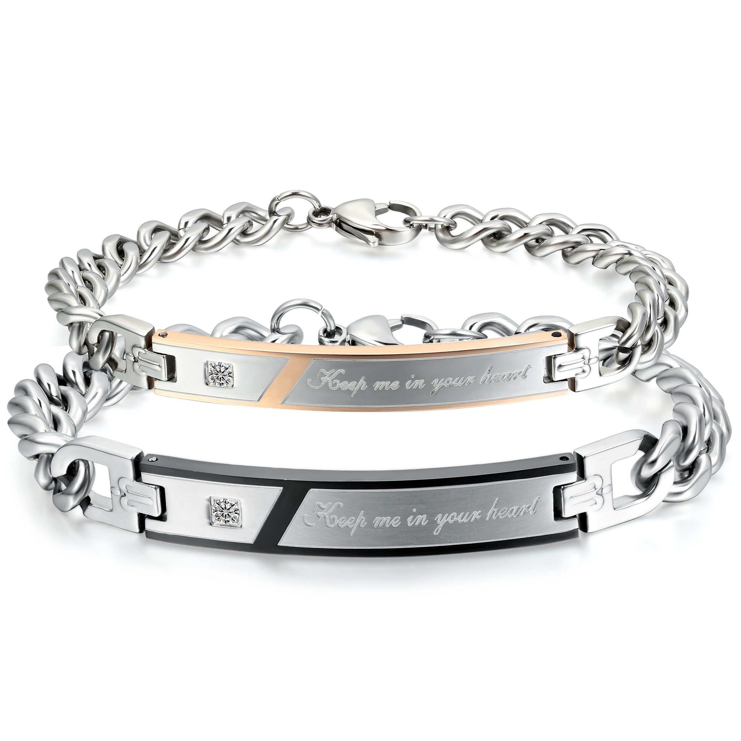 Oidea Stainless Steel “Keep Me in Your Heart” Bracelets for Couples - Mosaic, Zirconia, Black, Gold (1 Pair)