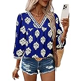 SHEWIN Women's Casual V Neck Floral Print Chiffon Blouses 3/4 Sleeve Boho Summer Tops Shirts