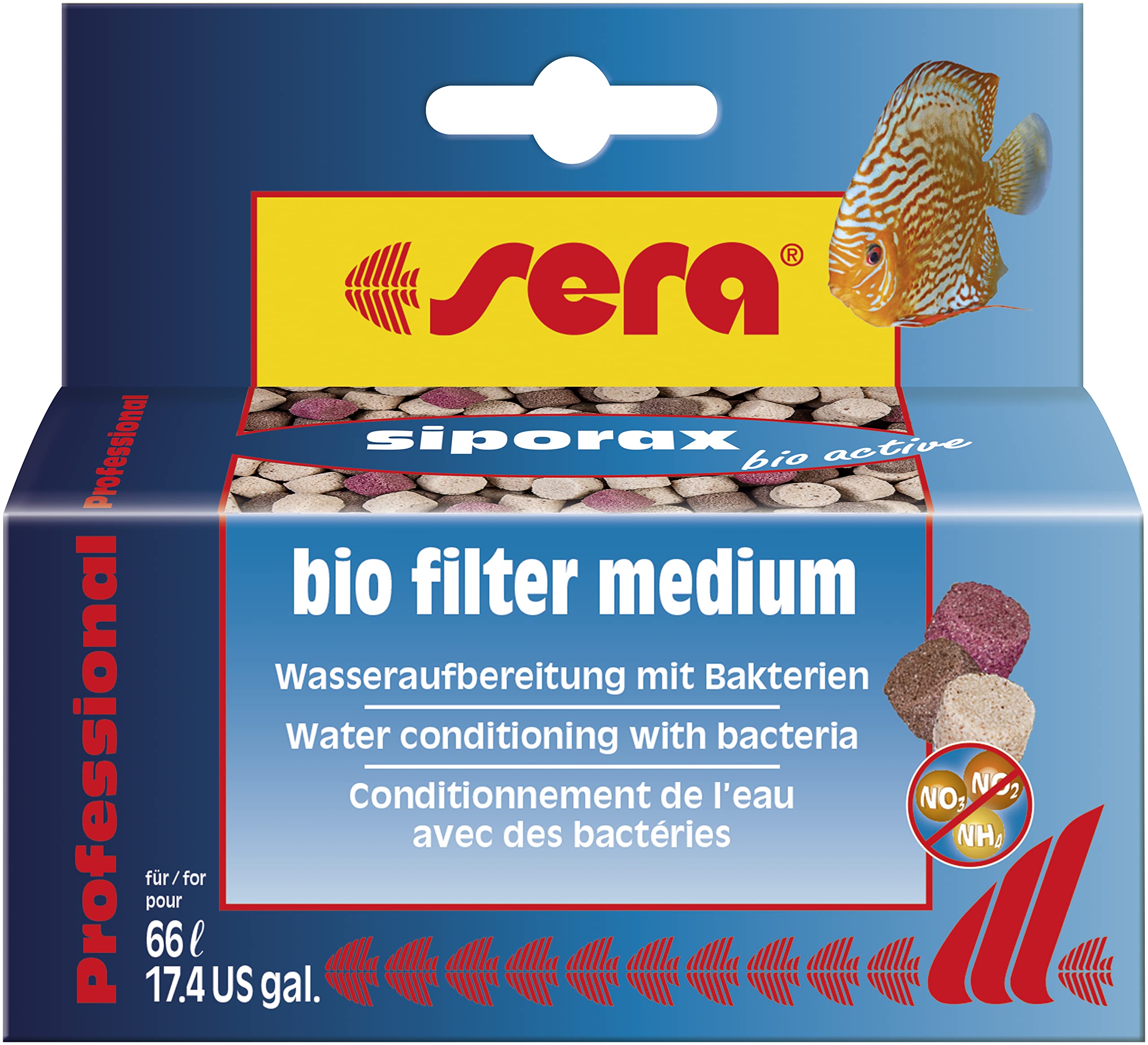 Sera siporax bio active the new way of water treatment, reduces ammonium, nitrite and nitrate after 24 hours and is a self-cleaning high-performance filter medium (table form)