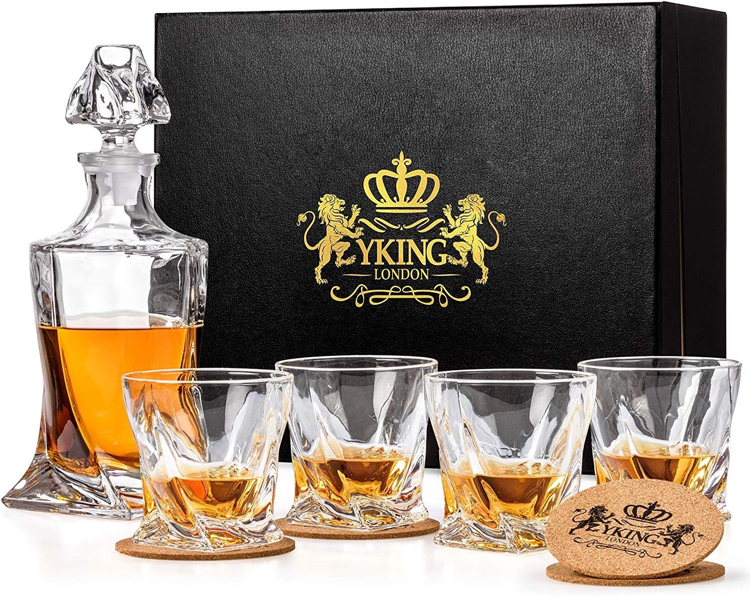 Decanter Set 9 Piece in Premium Gift Box from YKing London - Whiskey Bourbon Scotch Tequila Rum Vodka Decanter Set - Whiskey Decanter and Glass Set - Decanter set
