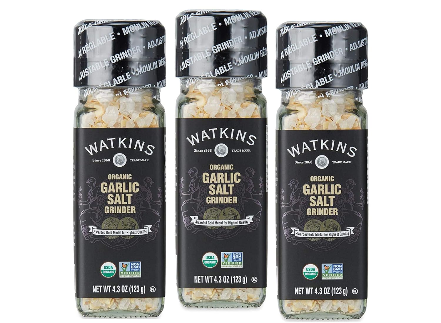 Watkins Organic Garlic Salt Grinder, 4.3 Ounce, 3Pack
