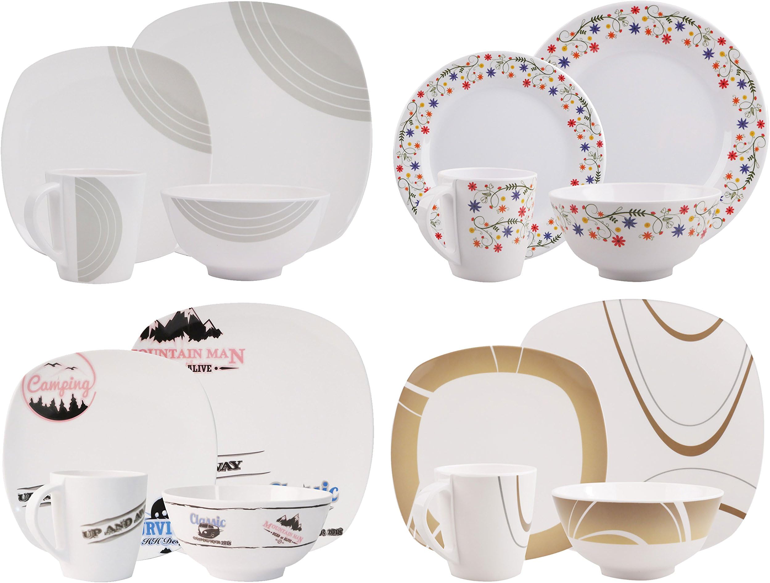 Melamine Crockery (Choice Of Colour And Number Of People 1, 2, 4, 6) Dinner Tableware Set Camping Outdoor Garden Dinner Picnic