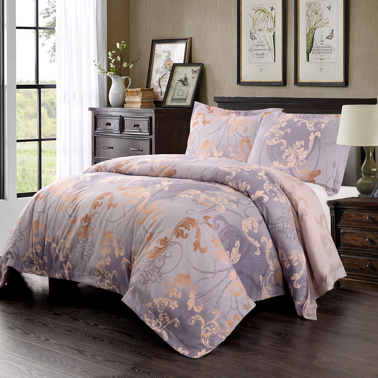 Simple&Opulence Microfiber Light Purple Floral Queen Quilt King Duvet Cover Set Including 1