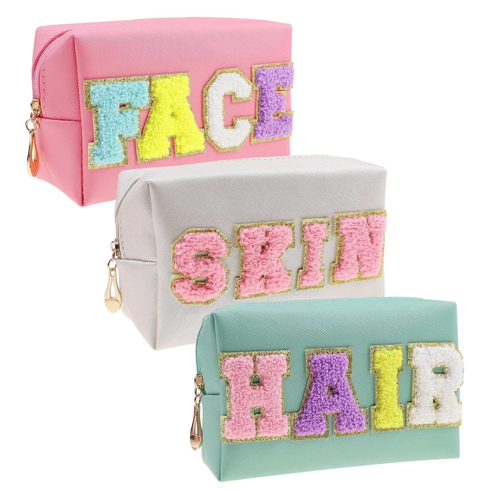 3 Pcs Preppy Patch Makeup Bag, Travel Cosmetic Bag with Chenille Letter, Nylon PU Leather Waterproof Makeup Bag with Zipper, Skin Hair Face Toiletry Bags for Women, Students, Girls