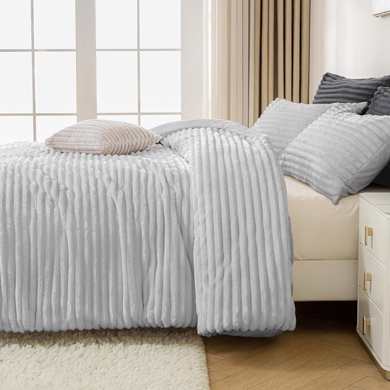 Set di biancheria da letto per letto queen size, soffice e super morbido, grigio chiaro, per letto queen size, in caldo pile invernale, set di biancheria da letto in pelliccia sintetica, 3 — foto 7 di 7
