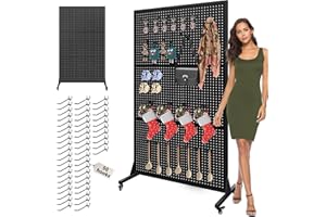Royxen 3.5 x 6 Feet Metal Pegboard with 50 Hooks, Peg Board Display Stand with Wheels, Large Standing Pegboard Displaywith T-Base Art Display Stand for Retail Stores Exhibitions Homes (Black)
