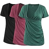 Liu & Qu Women's Maternity Nursing Tops, Layered Wrap for Breastfeeding, V-Neck Short Sleeve Tee Shirts 3 Packs