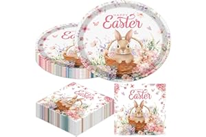 Rakuto Easter Plates and Napkins Disposable Decorations, 50PCS Happy Easter Bunny Flower Paper Plates Napkins Party Decoratio