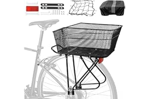 YEEGO DIRECT Rear Bike Rack with Basket, Detachable Adjustable Bike Basket Rear,Bike Cargo Rack with 26L Waterproof Cover & Cargo Net and for 24" - 27.5" and 700c Bikes