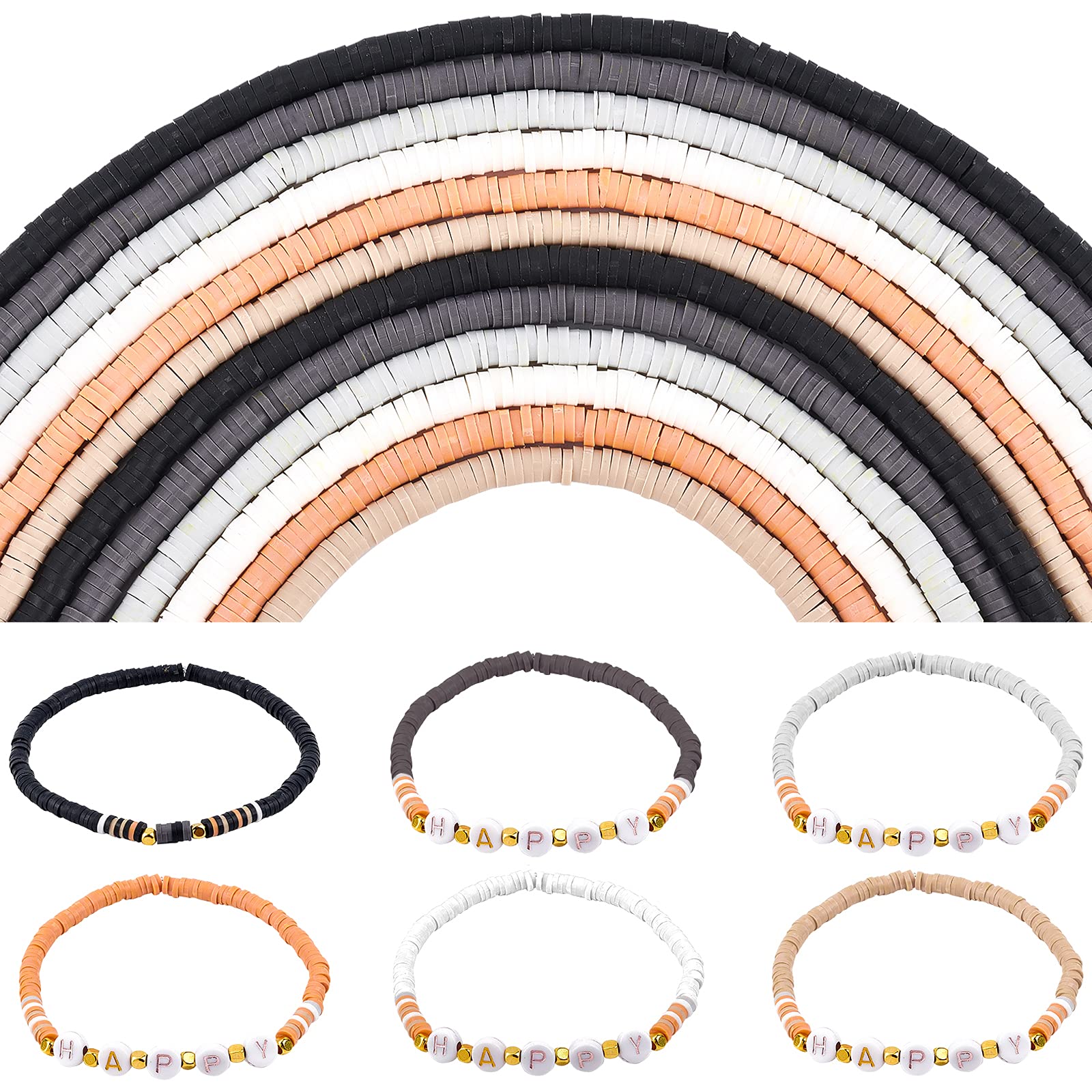 PandaHall 4mm Polymer Clay Beads, 4560 Pieces 6 Neutral Colors Heishi Flat Round Vinyl Disc Beads for Jewelry Making