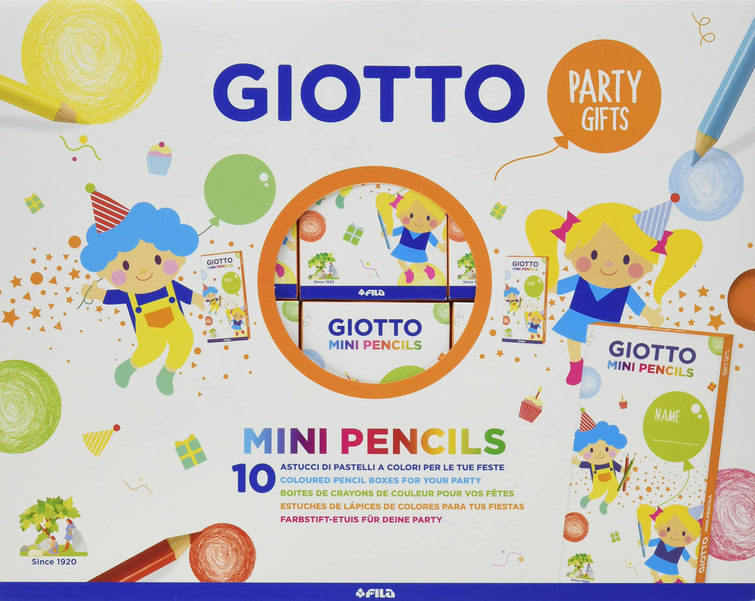 GIOTTO Kids 10 x Party Gift Sets with 6 Mini Colouring Pencils, Assorted Colours, Super Washable, For Children's Party Bags