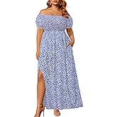Plus Size Summer Dresses - Boho Casual Off Shoulder Floral Long Maxi Dress with Pockets