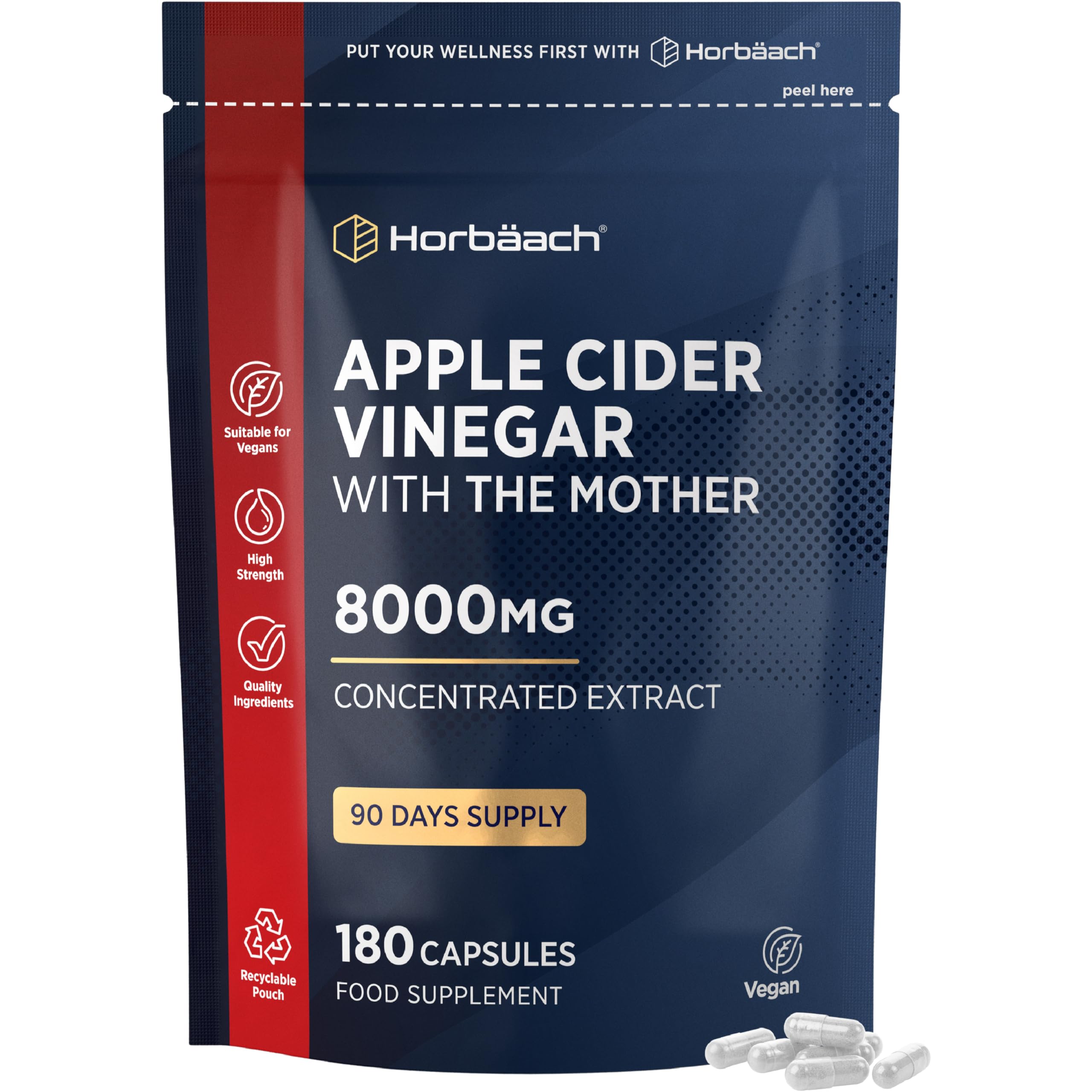 Apple Cider Vinegar Capsules with Mother 8000mg | 3-Month Supply | High Strength ACV | 180 Vegan Capsules (Not Tablets) | by Horbaach
