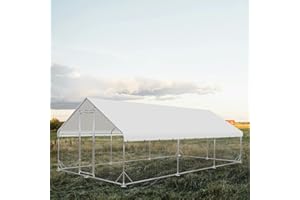HOOYEAH Outdoor Metal Chicken Coop,Metal Chicken Coop with Run,Walk-in Poultry Cage Spire-Shaped Chicken Run with Waterproof and Anti-Ultraviolet Cover for Outside,Backyard and Farm,19.6'x9.8'x6.4'