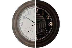 CLXEAST 24 Inch Self-Illuminated in/Outdoor Atomic Wall Clock with Temperature and Humidity, Oversized Large 24 Inch Wall Clocks for Living Room Decor, Brushed Grey Oak Wooden Finish