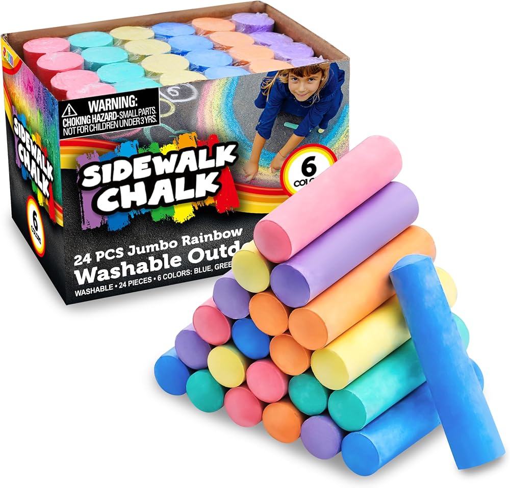JOYIN 24 Pcs Washable Sidewalk Chalk Set Non-Toxic Jumbo Chalks 6 Colors