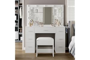 CollaredEagle Vanity Desk with Mirror, Makeup Table with Power Outlet and 11 Lights, Vanity Table with 7 Drawers and Cushioned Stool for Bedroom, Dressing Room, White