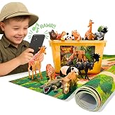 12 Pcs Interactive Safari Animal Figurines Playset for Kids | "57" x 38" Play Mat, Educational App, Real Sounds, Fun Facts, Interactive Learning, Play Mat for Toddlers 3-5