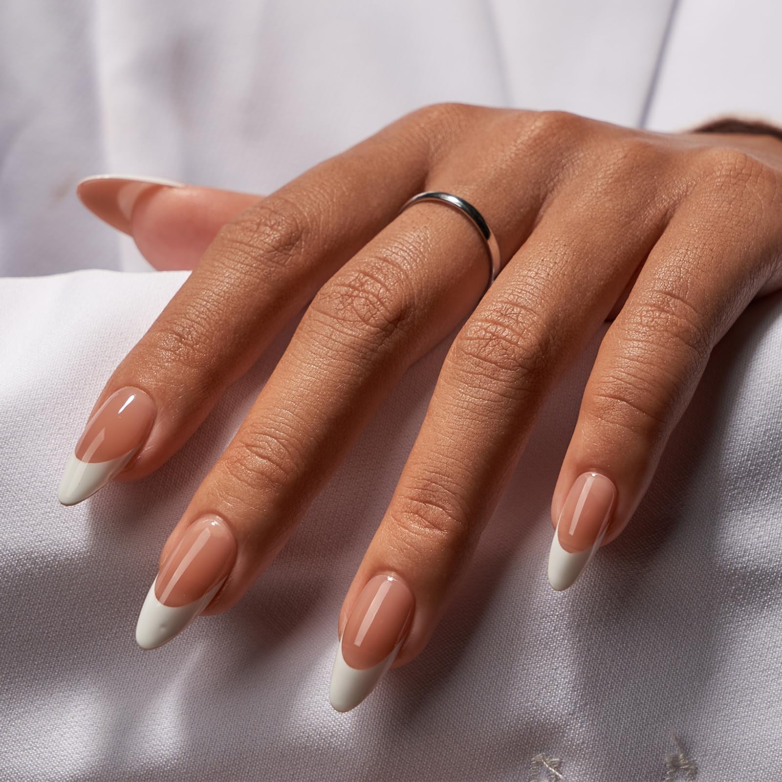 BTArtbox French Tip Press On Nails - Medium Press On Nails Almond, Natural Fake Nail with Nail Glue, Brown Glue On Nails in 15 Sizes - 30 Fake Nails Kit - Image 2