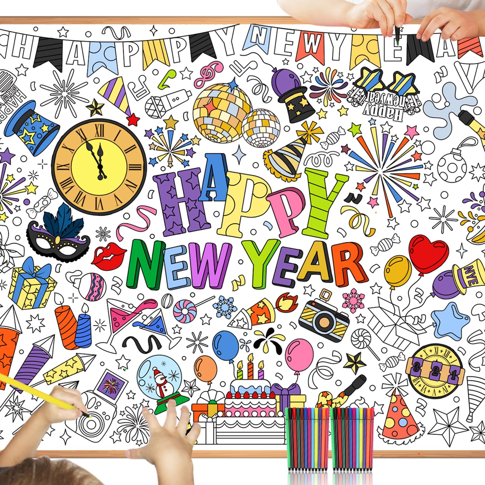 HOWAF Happy New Year Giant Colouring Poster for Kids with Pens, Coloring Books Poster Paper New Years Eve Decorations 2026 Craft for Kids NYE Party Decorations 2026