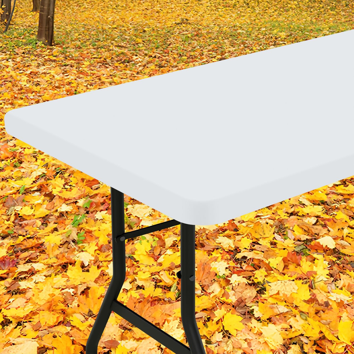 Photo 1 of Smiry Rectangle Tablecloth, Elastic Fitted Flannel Backed Vinyl Tablecloths for 4ft Folding Tables, Waterproof Wipeable Table Covers for Indoor, Outdoor, Picnic and Camping (White, 30"x48")