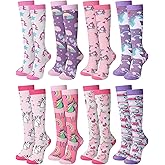 Jinei 8 Pairs Kids Girls Knee High Unicorn Pattern Long Socks - Funny Unicorn Gifts for Girls 5-8 Years