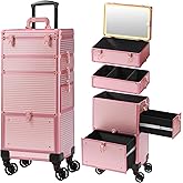Somduy Makeup Train Case with LED Mirror, Rolling Makeup Case with Drawers, Cosmetology Case on Wheels, Gift, Travel Makeup Organizers, Profesional Cosmetic Case for Salon Barber,Nail,Tattoo, Pink