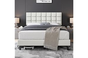 Yaheetech Upholstered Bed Frame, Modern Queen Bed Platform with Square Stitched&Button Tufting Headboard Height Adjustable, Wooden Slats Support, No Box Spring Needed, Queen Size, Beige