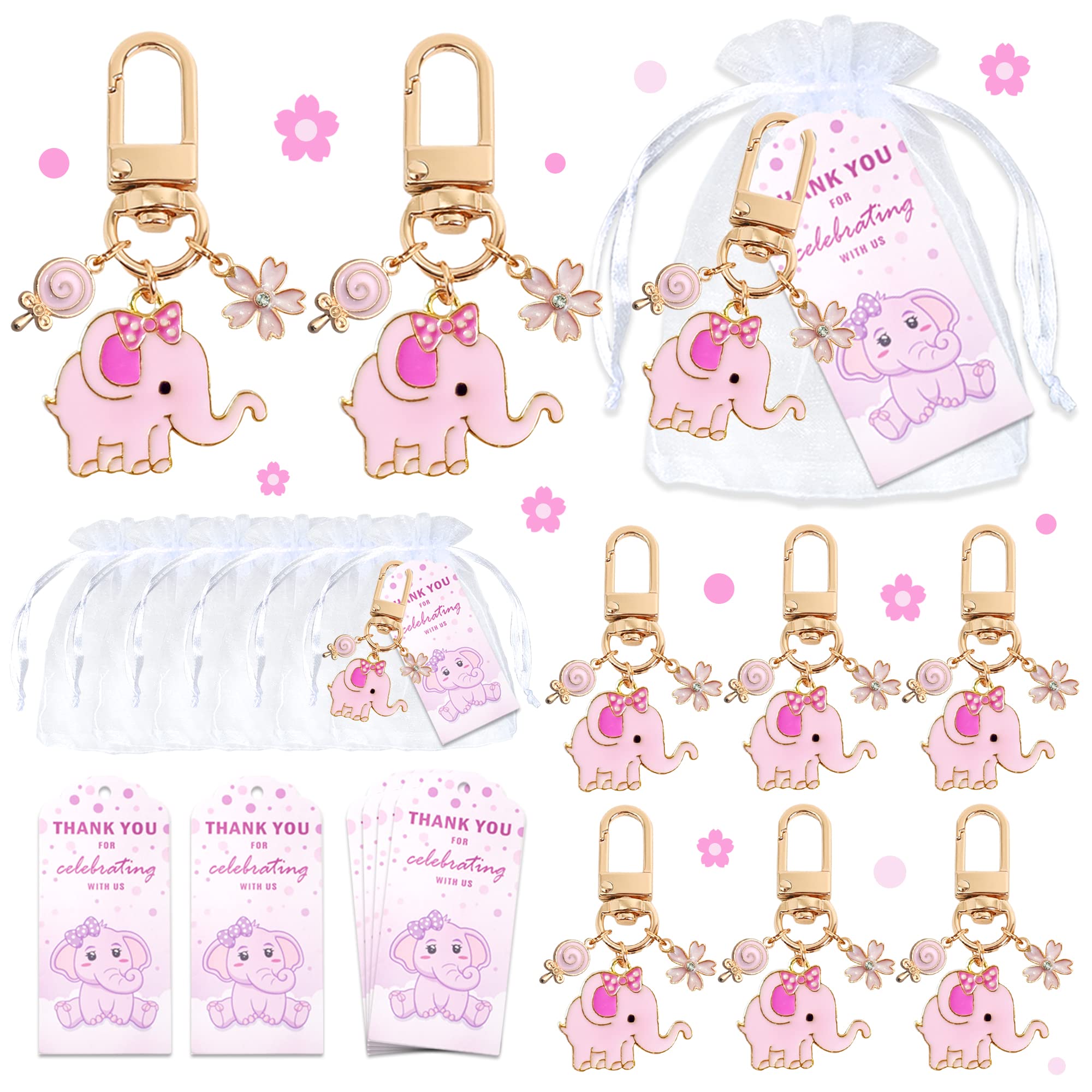 Photo 1 of 12 Sets Baby Shower Pink Elephant Keychains It's a Girl Return Favor for Guests with Flower Sweets White Organza Bags and Thank You Tags Elephant Theme Party for Kids Party Supplies (Girl)