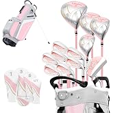 PGM 18 Pcs Women's Golf Club Full Set for Right Handed with Graphite Shaft | Ladies Flex Complete Golf Set for Beginner to Intermediate Golfer with Driver Wood Hybrid Iron Wedge Putter and Stand Bag