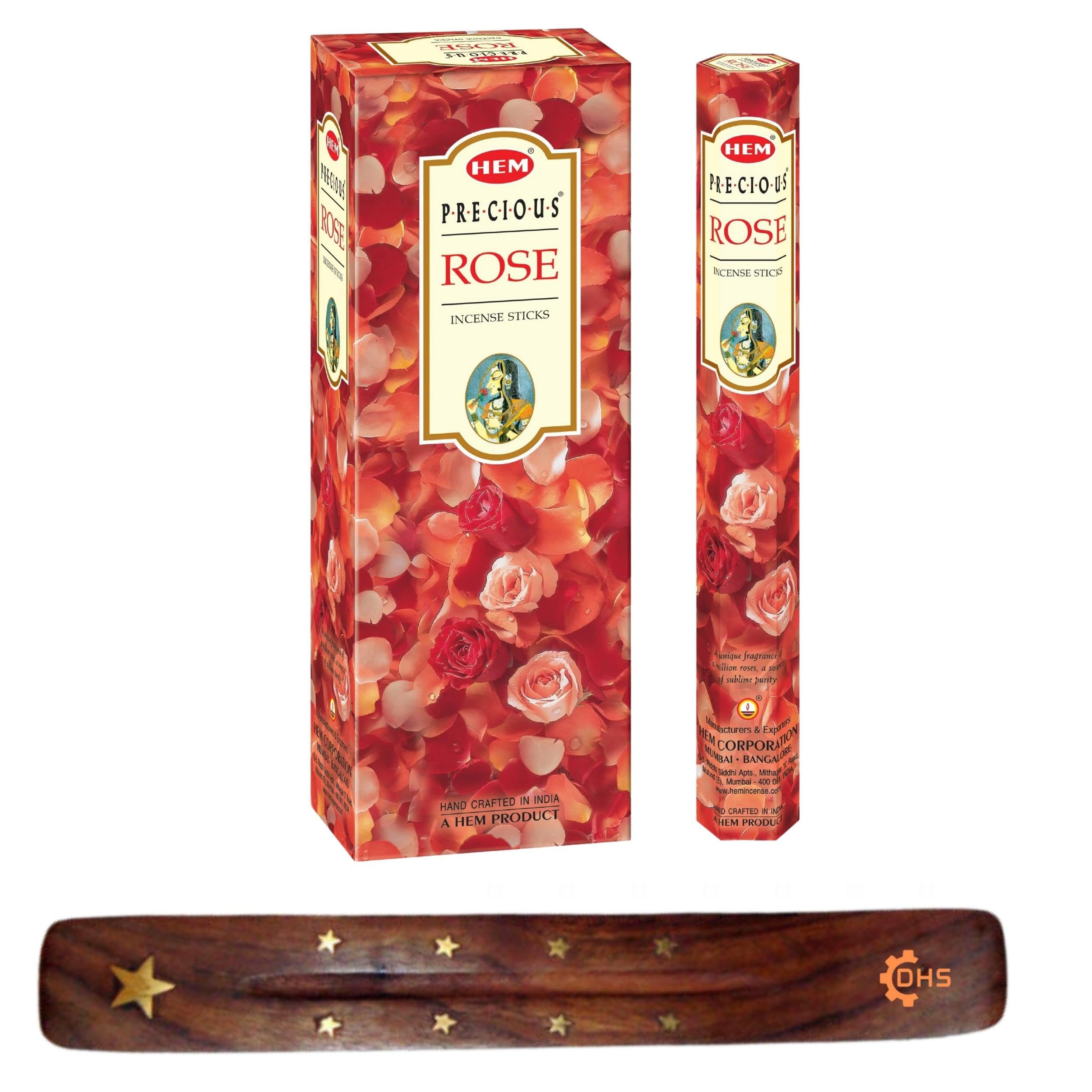HEM Incense sticks PRECIOUS ROSE Full box of 6 with DHS incense stick holder for Yoga, Meditation, Healing, Spirituality, Aromatherapy, Incense Spa and Relaxation…