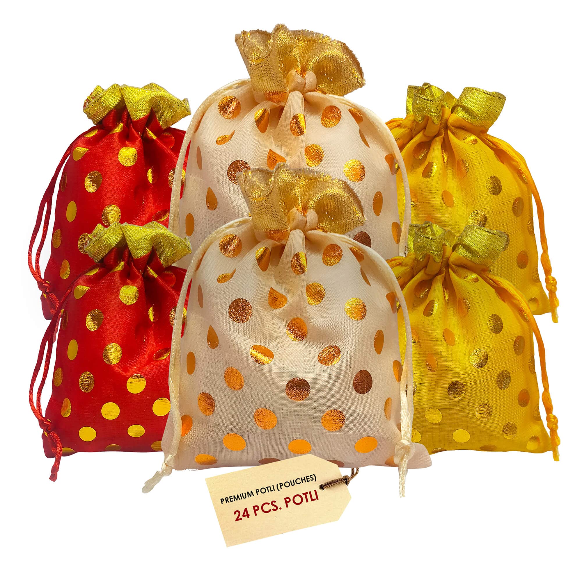 CRAFTSMAN SATVIK 24 Pc Indian Designer Potli Organza Pouch, Favour Bags, Dry Fruit Diwali Gift Packaging Bag, Handmade Premium Fabric With Polka Dots Design Indian Housewarming Return Gift Items Bulk