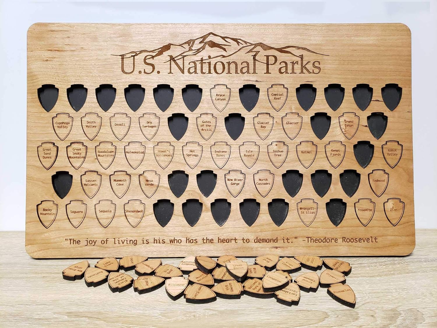 Mixed Media - USA National Parks Tracker Board | US Nat Park Map | Wooden United States National Park Guide | Best National Parks in America | 63 Tokens For Each National Park in the United States (White Oak)