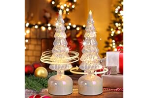 MJ PREMIER Glass Christmas Trees for Tabletop, Rotating Mercury Glass Christmas Tree Decoration, Sparkling Small Xmas Tree with Lights, Battery Operated Xmas Trees with Timer, Set of 2 (Silver)