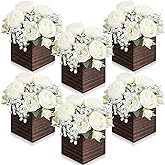 Suncalla 6 Sets Artificial Peonies Flowers with Wooden Cube Planter Box for Wedding Centerpieces 4 x 4" Square Wood Vase for Wedding Party Table Home Garden Decor