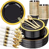 YOUBET 350PCS Black and Gold Plastic Plates - Gold Disposable Dinnerware Sets for 50 Guests - 100 Plastic Plates, 150 Gold Silverware, 50 Cups, 50 Pre Rolled Napkins for Party & Wedding
