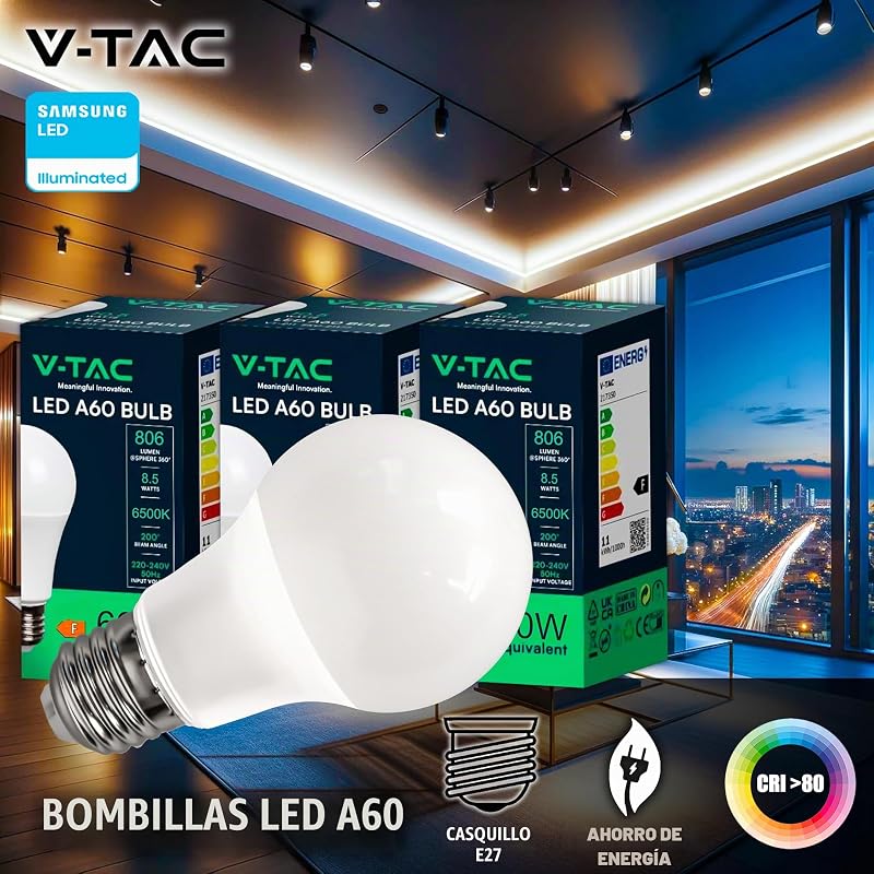 10x Lâmpadas LED E27 - [Alta Eficiência 8,5W] - A60 - (Equivalente a 60W) - Lâmpadas de Baixo Consumo de Nova Geração - 806 Lúmens - Luz Branca Fria 6500K