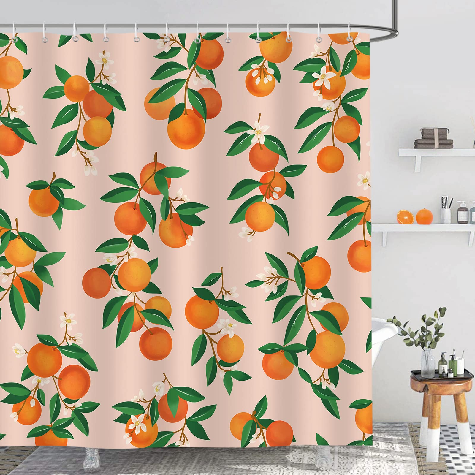 Bonhause Orange Shower Curtain 180 x 200 cm Fruit Citrus Green Leaves Bathroom Curtain Waterproof Mildew & Mould Resistant Polyester Fabric Bath Curtain with 12 Hooks