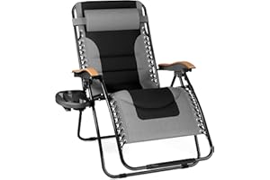 PHI VILLA XXL Oversized Padded Zero Gravity Chair, Foldable Patio Recliner, 30" Wide Seat Anti Gravity Lounger with Cup Holder, Support 400 LBS (Gray)