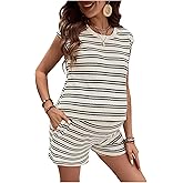 MakeMeChic Women's Maternity Short Pajamas Set Striped Tank Top and Shorts Lounge Sets