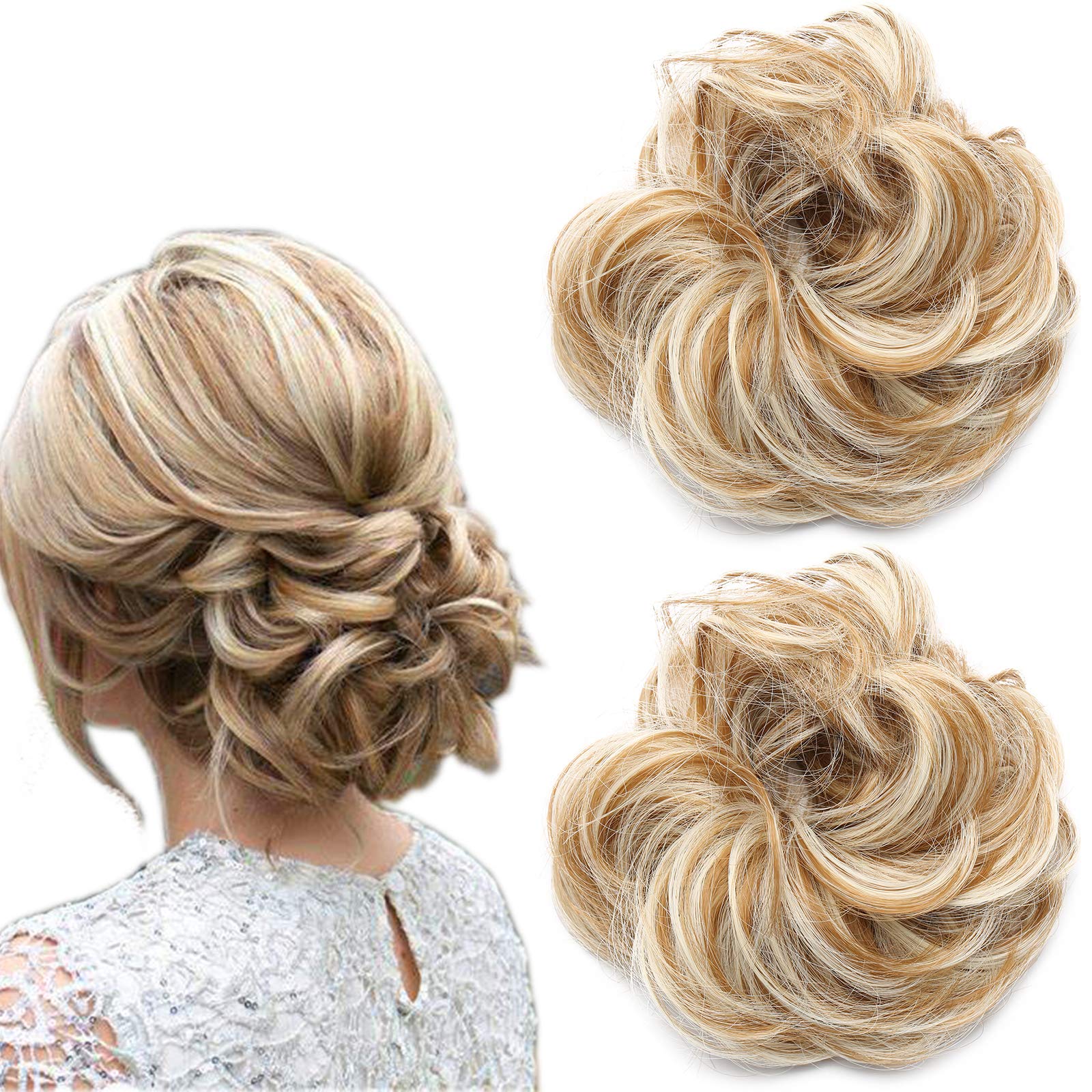 Messy Hair Scrunchies Synthetic Hair Bun Extensions Curly Wavy Hair Pieces Updo Ponytail Hair Extensions Sandy Brown/Bleach Blond
