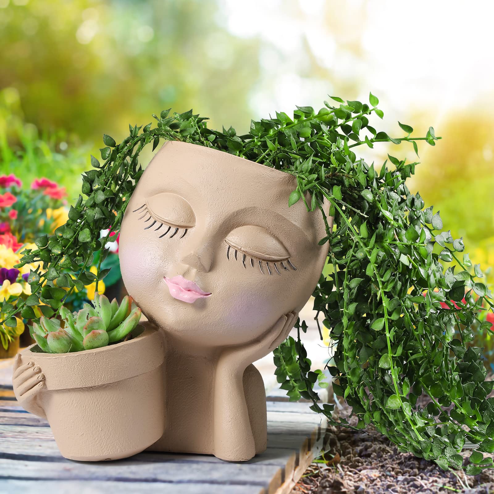Photo 1 of WEWEOW Face Planter Pot - Double Flower Pots in One for Indoor Outdoor Plants Resin Head Planter with Drainage Hole Cute Lady Face