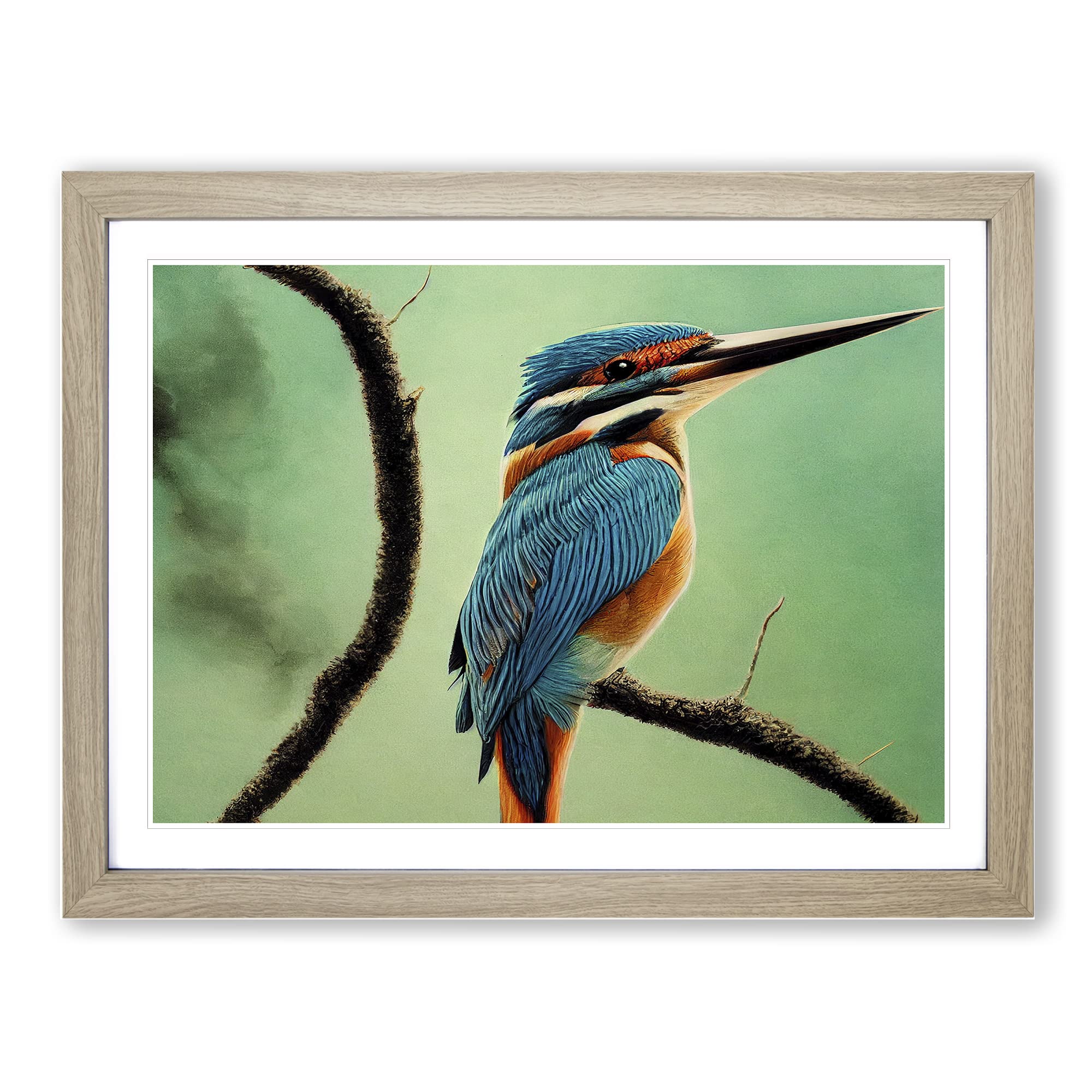 Enigmatic Kingfisher Bird Framed Print | A4 Oak Framed Wall Art | Ready to Hang | Modern Nature Picture | Living Room Bedroom Lounge Office