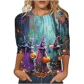 2025 Halloween Shirts for Women 3/4 Sleeve Witch Graphic Tees Vintage Festival Tops Crew Neck Sweatshirts Funny Gifts